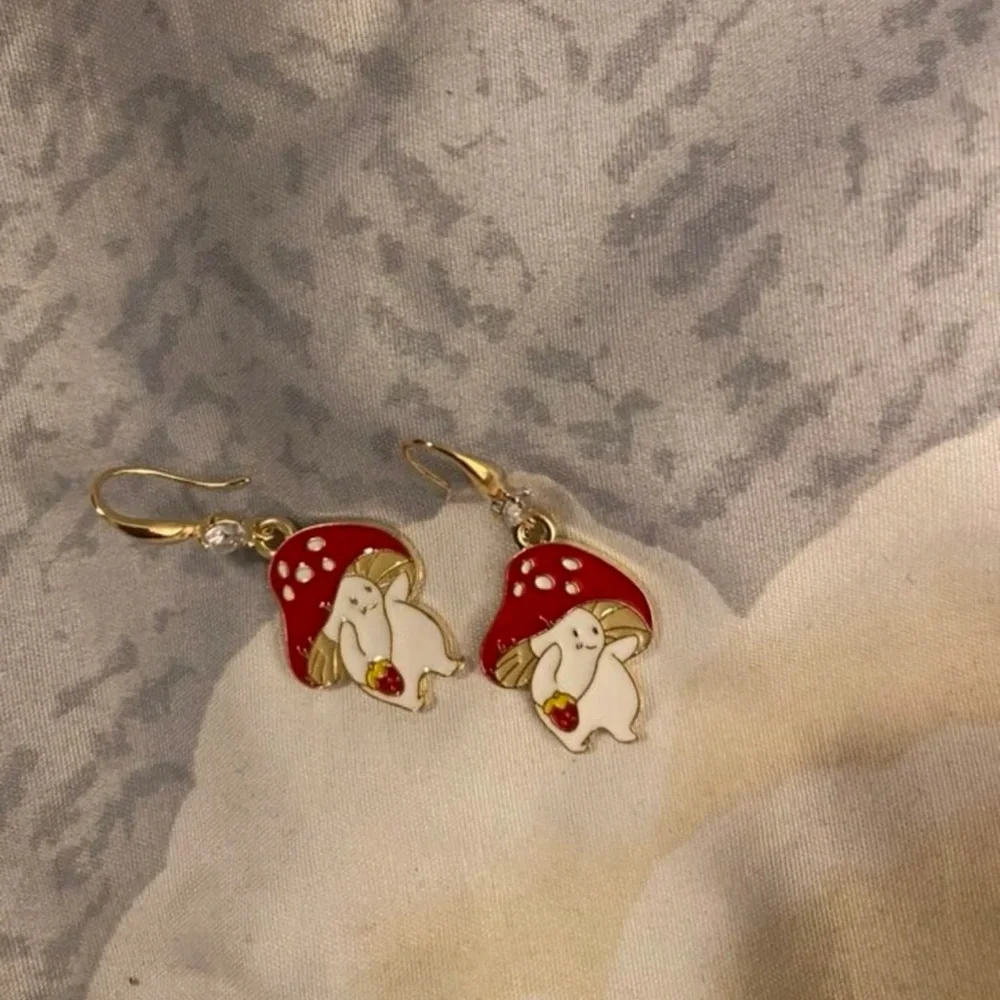 Cute Mushroom Man Strawberry Dangle Earrings | Red Enamel Whimsical